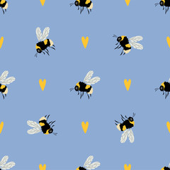 Cute Bumblebee and heart.Colored Seamless Pattern 