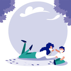 Mother and son with masks outside vector design