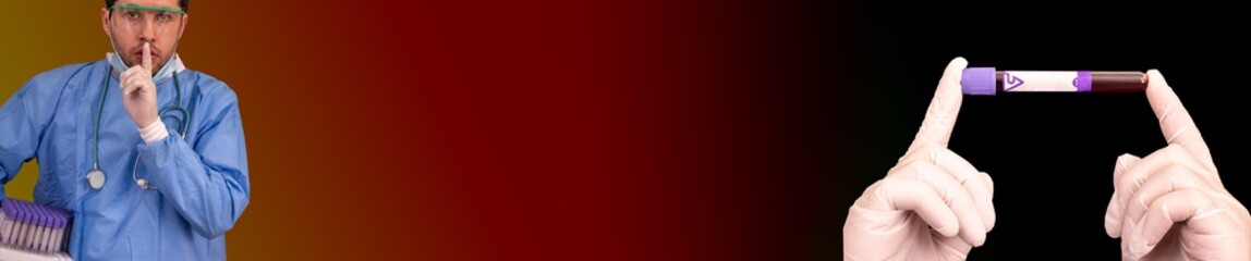 Concept of Coronavirus pandemic, collage of images. The doctor's hands hold a test tube with blood sample and with space for text on label. The doctor asking to be quiet