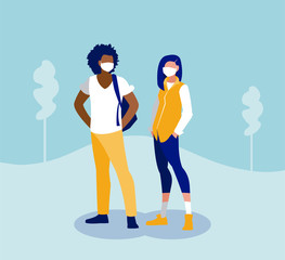 Woman and man with mask outside vector design