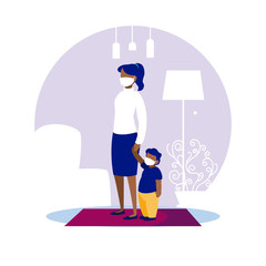 Mother and son with masks at home vector design