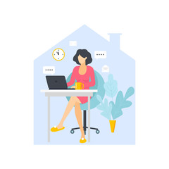 Woman with laptop sitting. Freelance or studying concept. girl works at a computer in a home interior. vector