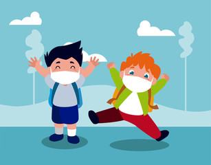 Boys kids cartoons with masks and school bags at park vector design