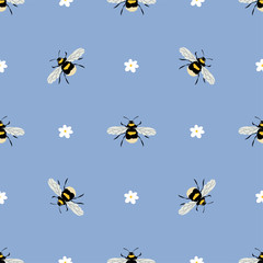 Cute Bumblebee and plant.Colored Seamless Pattern 