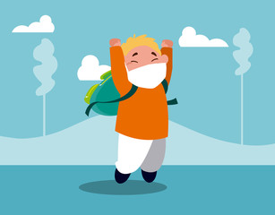 Boy kid cartoon with mask and school bag at park vector design