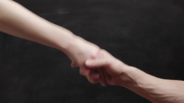 Man woman handshake. Gender equality. Set of 3 gesture templates over blackboard copy space.