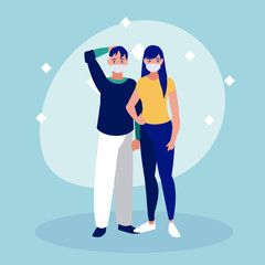 Woman and man couple with masks vector design