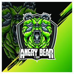 Bear Head Logo Mascot Emblem on shield. college sports teams, e-sport, school logo, tattoo, avatar, print t-shirt. The design of the character of a wild and beast. Vector illustration