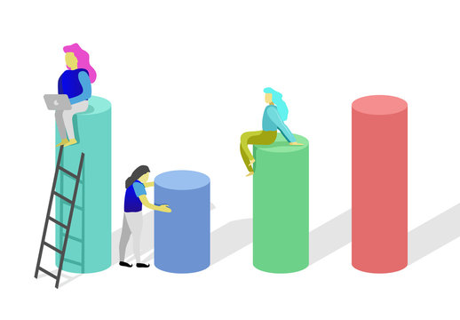 Illustration best colorful , business concept study infographics on a graph, columns analyze evolutionary , level up vector simple tree-woman in frame. 3D design background clear