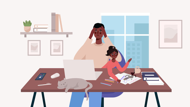Busy stressed dad sits with a baby and works at a laptop, multitasking man. Home office. Father freelancer, remote work and raising a child.Family together with cat .Flat cartoon vector illustration.