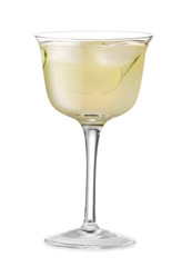 Glass of tasty cucumber martini on white background
