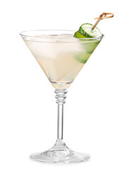 Glass of tasty cucumber martini on white background