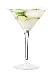 Glass of tasty cucumber martini on white background