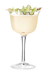 Glass of tasty cucumber martini on white background