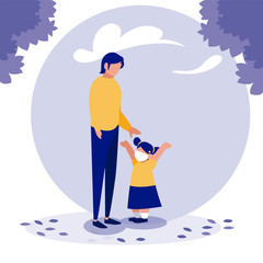 Father and daughter with masks outside vector design