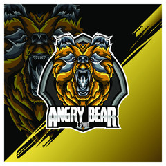 Bear Head Logo Mascot Emblem on shield. college sports teams, e-sport, school logo, tattoo, avatar, print t-shirt. The design of the character of a wild and beast. Vector illustration