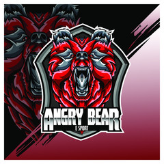 Bear Head Logo Mascot Emblem on shield. college sports teams, e-sport, school logo, tattoo, avatar, print t-shirt. The design of the character of a wild and beast. Vector illustration