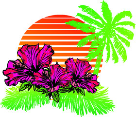 California Sunset and palm trees embroidery graphic design vector art