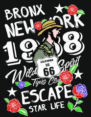 New york retro style print embroidery graphic design vector art