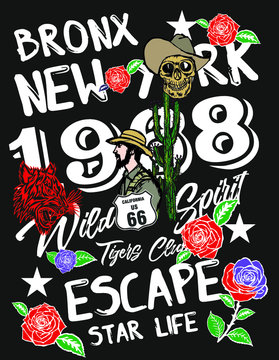 New york retro style print embroidery graphic design vector art