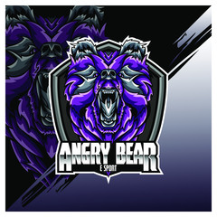 Bear Head Logo Mascot Emblem on shield. college sports teams, e-sport, school logo, tattoo, avatar, print t-shirt. The design of the character of a wild and beast. Vector illustration