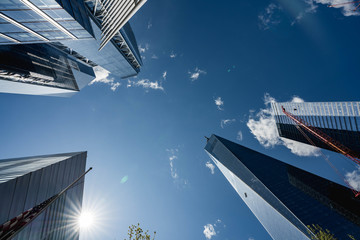 World trade center. One World Trade Center building. Glass skyscraper. Blue sky in Manhattan. New York City skyscrapers.