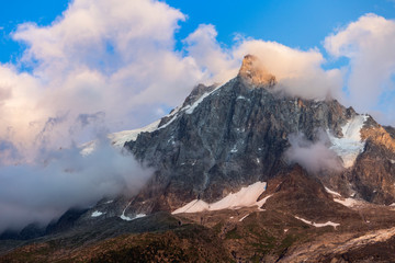 Mount Aiguille du Midi evening view from Chamonix Mont-Blanc in the French Alps, France