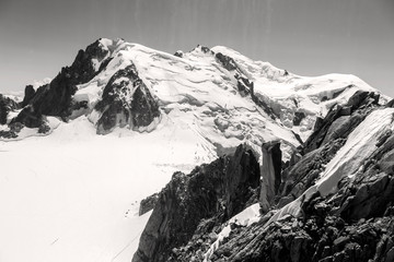 Fototapeta na wymiar Mont Blanc three mounts route (par les 3 monts) over Mont-blanc du Tacul, Mont Maudit and the main Alps mount Mont-Blanc. View from Aiguille du Midi Chamonix France