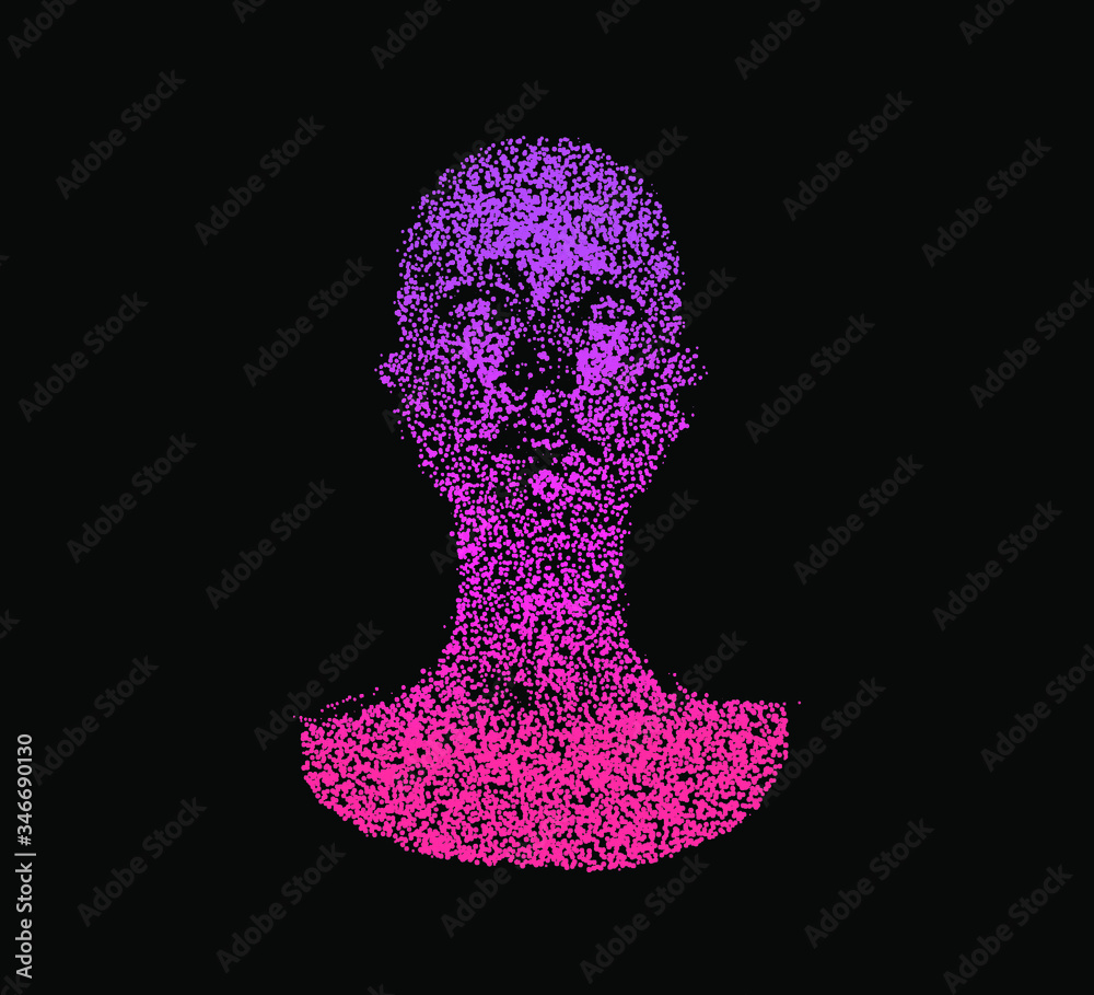 Poster Human head made of partices on dark background. Face made with generative computer art algorithm. Concept of artificial intelligence, Machine learning and neural networks.