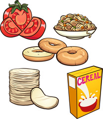 Cartoon food items and groceries. Vector clip art illustration with simple gradients. Some elements on separate layers.
