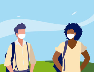 Men avatars with masks outside vector design