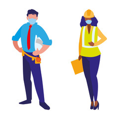 Industrial workers couple working with face mask
