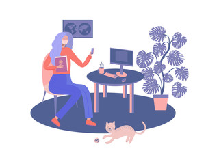 Young woman at home calling by video. Freelancer in mask speak with someone and cat playing. home office