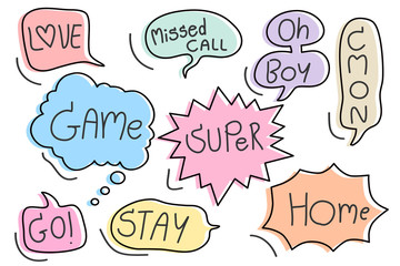 Vector set of speech bubbles. Doodle hand draw like kids style in pastel color for use in business, chat, inbox, dialog, message, question, communication, talk, speak, sticker, balloon, thinking
