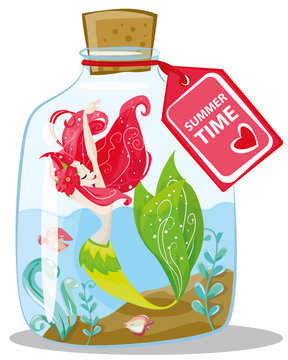 Marine illustrations. Little cute cartoon red hair mermaid in bottles cartoon illustration for summer holidays.