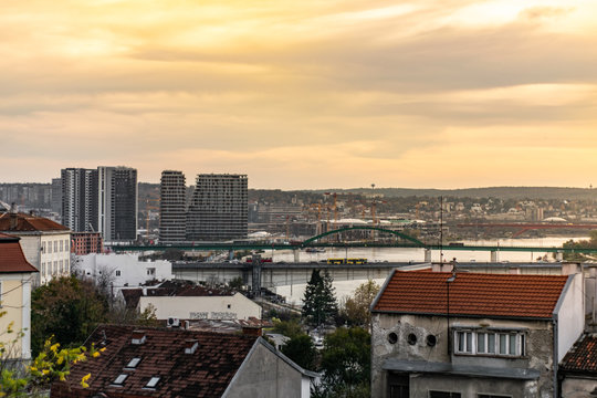 Belgrade cityscapre showing two bridges, old part of the town, river and futuristic project called Belgrade Waterfront
