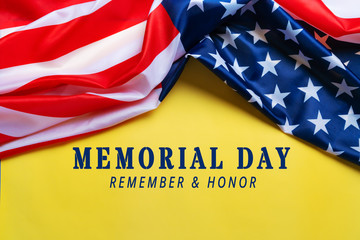 Fototapeta na wymiar USA Memorial day and Independence day concept, United States of America flag on yellow background