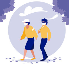 Men with masks and trees outside vector design