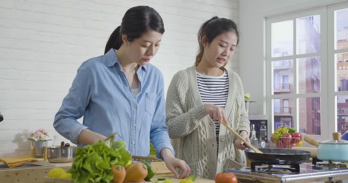 slow motion group of asian chinese girl roommates preparing breakfast in home wooden kitchen. one holding knife cutting and add cucumber into pan. another one frying on stove and talking to friend