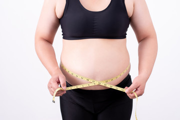 Fat women measure belly fat. Health care, medical concepts.
