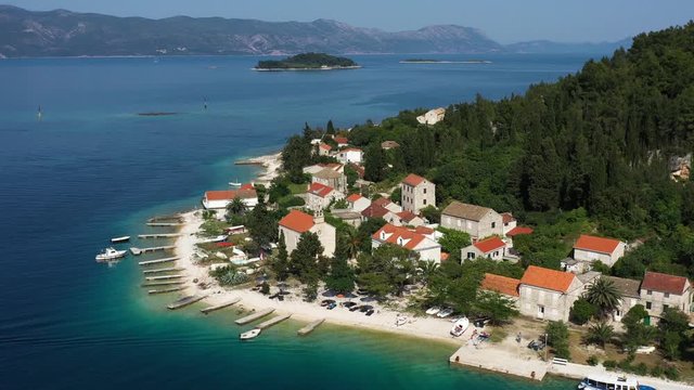 Beautiful mediterranean Island Vrnik near Island of Korcula, surrounded with blue turquoise Sea - Aerial Panoramic View