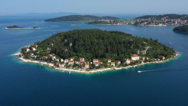 Beautiful mediterranean Island Vrnik near Island of Korcula, surrounded with blue turquoise Sea - Aerial Panoramic View
