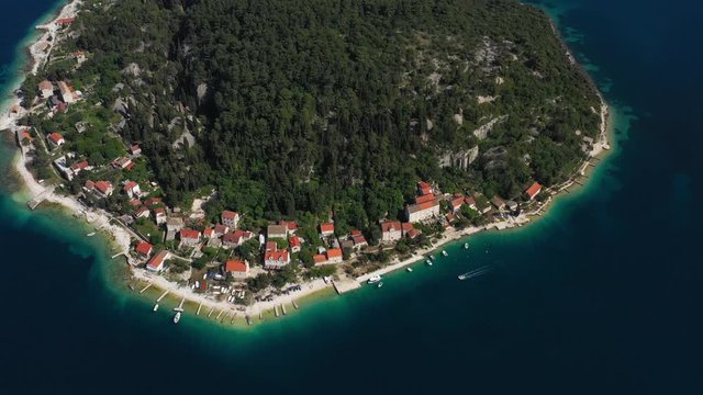 Beautiful mediterranean Island Vrnik near Island of Korcula, surrounded with blue turquoise Sea - Aerial Panoramic View