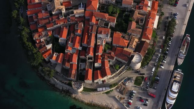 Historic Mediterranean Town of Korcula in Croatia - Aerial Top Down View