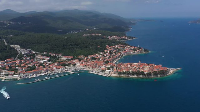 Historic Mediterranean Town of Korcula in Croatia - Aerial Panoramic View
