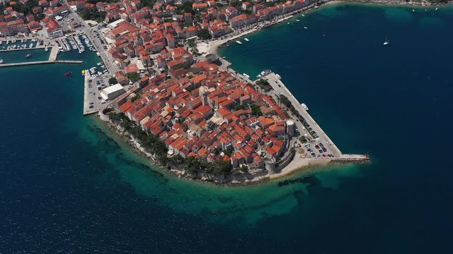 Historic Mediterranean Town of Korcula in Croatia - Aerial Top Down View
