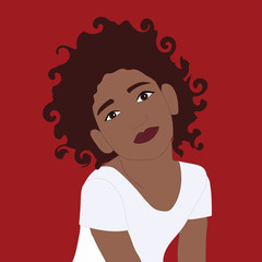 An African-American woman with curly hair in a white t-shirt on a red background.
