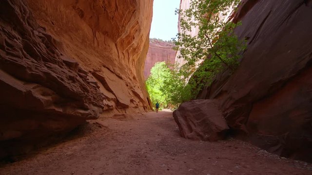 Women hiking into slot canyon as she explores the desert in Utah.