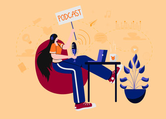 Radio host with table flat vector illustration. Podcast concept. Media hosting. Woman in headphones recording a podcast in a studio. Podcaster holding nameplate with podcast inscription. 