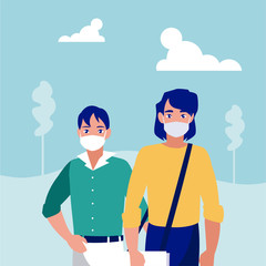 Men with masks at park vector design